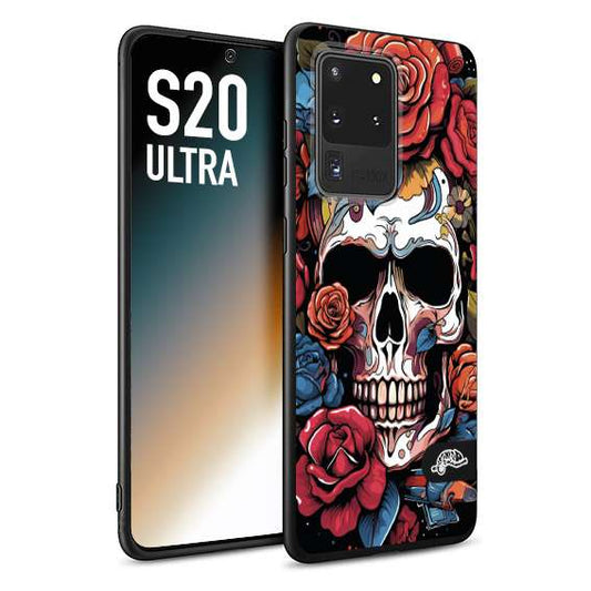 CUSTOMIZZA - Custodia cover nera morbida in tpu compatibile per Samsung S20 ULTRA teschio skull flowers fiori rose rosse tattoo disegnato