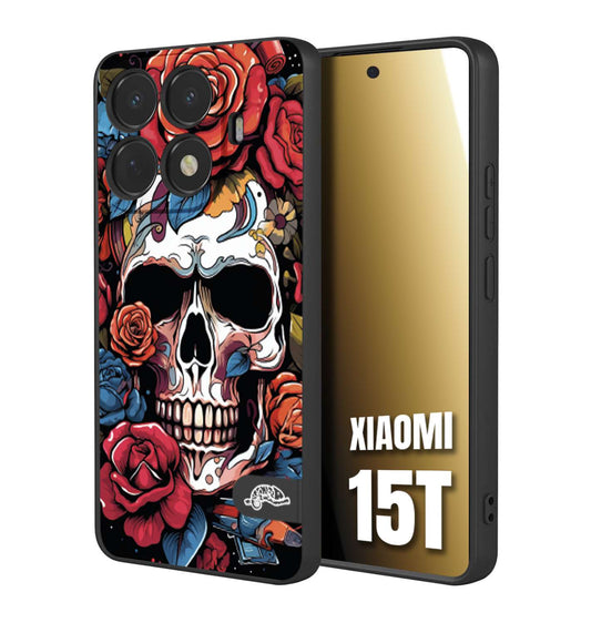 CUSTOMIZZA - Custodia cover nera morbida in tpu compatibile per Xiaomi 15T teschio skull flowers fiori rose rosse tattoo disegnato