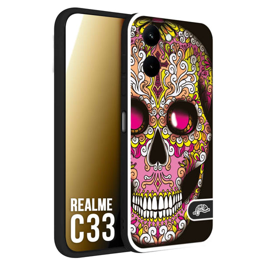 CUSTOMIZZA - Custodia cover nera morbida in tpu compatibile per Oppo Realme C33 teschio messicano Mexican skull rosa gialla