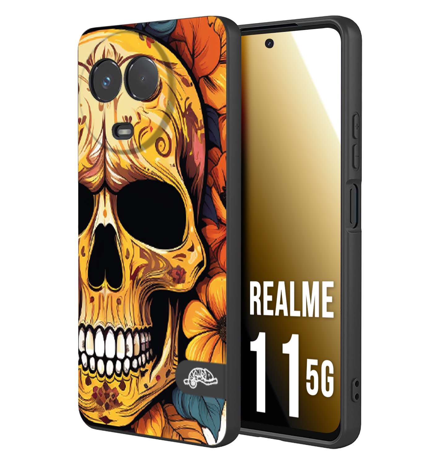 CUSTOMIZZA - Custodia cover nera morbida in tpu compatibile per Oppo Realme 11 5G teschio messicano colorato dorato fiori autunnali disegnato