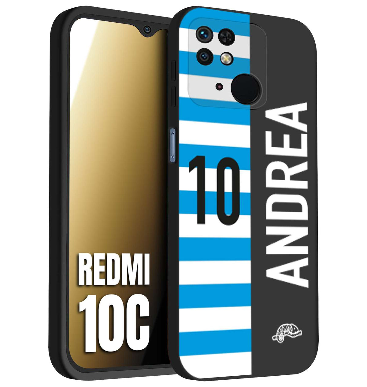 CUSTOMIZZA - Custodia cover nera morbida in tpu compatibile per Xiaomi Redmi 10C personalizzata calcio football nome e numero calciatori biancazzurri