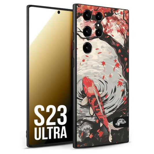 CUSTOMIZZA - Custodia cover nera morbida in tpu compatibile per Samsung S23 ULTRA giapponese lago carpa koi rossa con foglie d'acero rosso disegnata tattoo