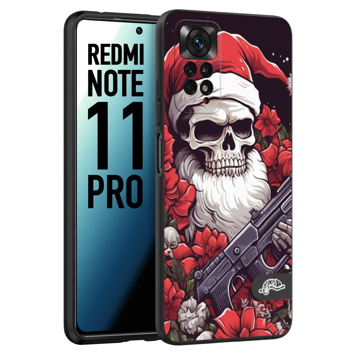 CUSTOMIZZA - Custodia cover nera morbida in tpu compatibile per Xiaomi Redmi Note 11 PRO teschio natale santa claus fiori tattoo disegnato