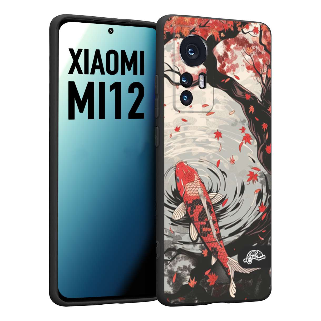 CUSTOMIZZA - Custodia cover nera morbida in tpu compatibile per Xiaomi 12 5G giapponese lago carpa koi rossa con foglie d'acero rosso disegnata tattoo