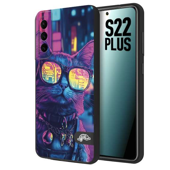 CUSTOMIZZA - Custodia cover nera morbida in tpu compatibile per Samsung S22 PLUS animali cyberpunk gatto street cat fucsia blu giallo
