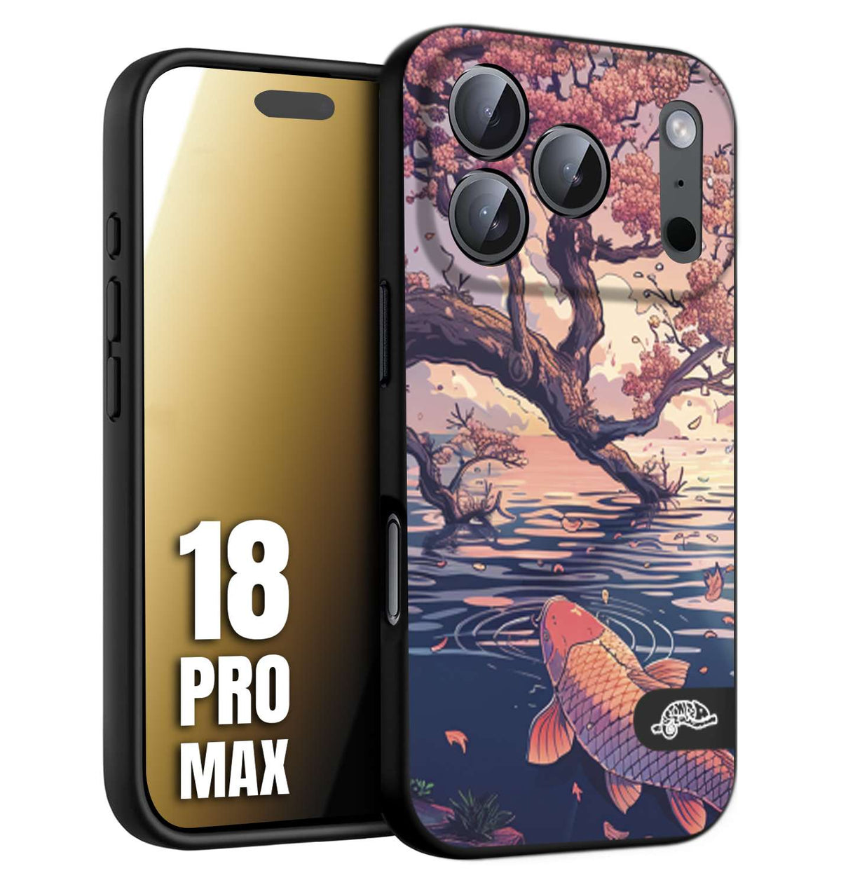 CUSTOMIZZA - Custodia cover nera morbida in tpu compatibile per iPhone 18 PRO MAX giapponese lago carpa koi rosa con foglie d'acero disegnata tattoo