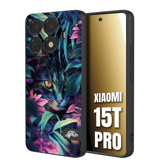 CUSTOMIZZA - Custodia cover nera morbida in tpu compatibile per Xiaomi 15T PRO animali color giungla tropicale occhio di gatto colori vibranti disegnato