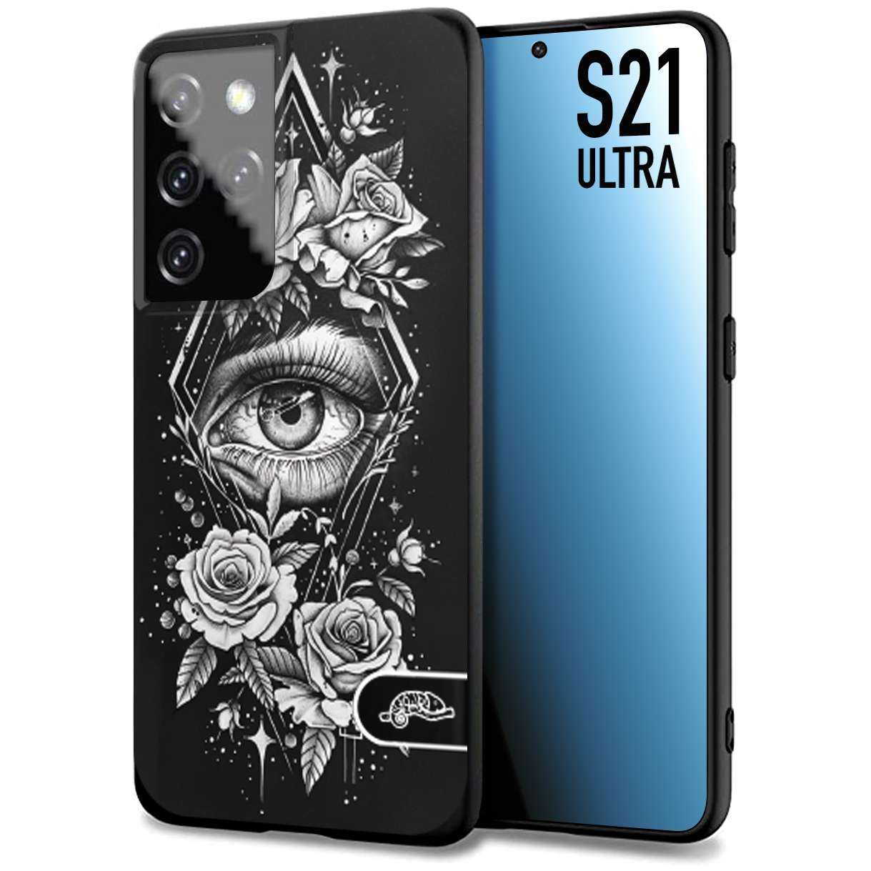 CUSTOMIZZA - Custodia cover nera morbida in tpu compatibile per Samsung S21 ULTRA occhio fiori rombo geometrico black and white bianco a rilievo disegnato tattoo tatuaggio