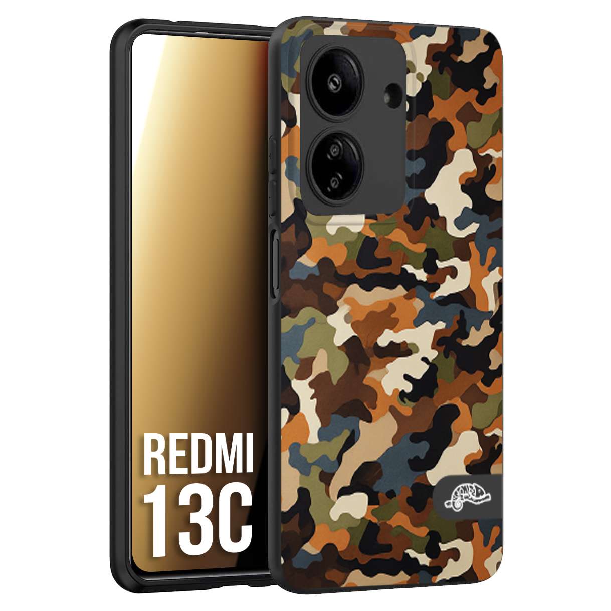 CUSTOMIZZA - Custodia cover nera morbida in tpu compatibile per Xiaomi Redmi 13C camouflage mimetico militare moderno blu marrone beige