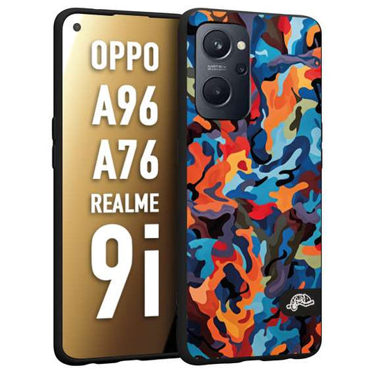 CUSTOMIZZA - Custodia cover nera morbida in tpu compatibile per Oppo Realme 9i - A96 - A76 camouflage mimetico militare moderno blu arancio rosso