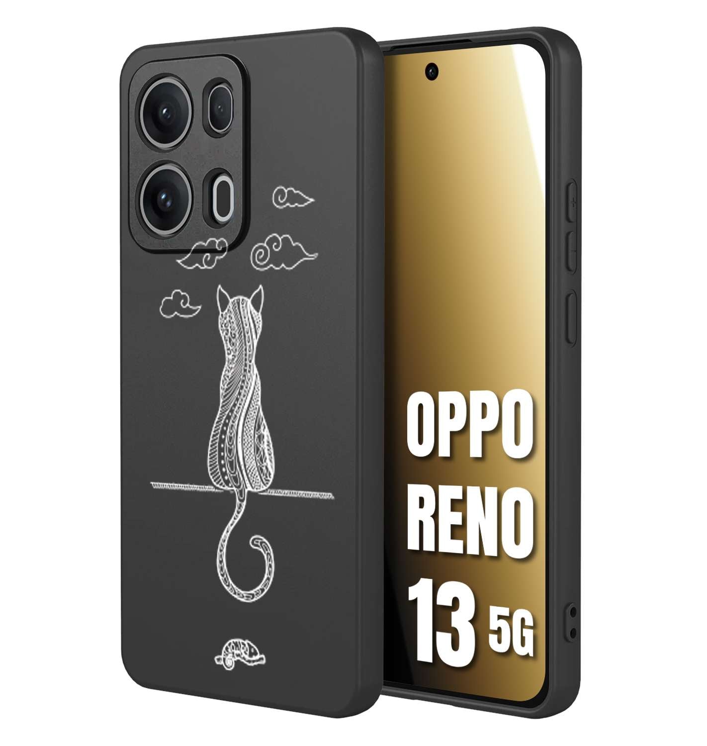 CUSTOMIZZA - Custodia cover nera morbida in tpu compatibile per Oppo Reno 13 5G gatto mandala stilizzato gattino a rilievo soft touch donna bianca