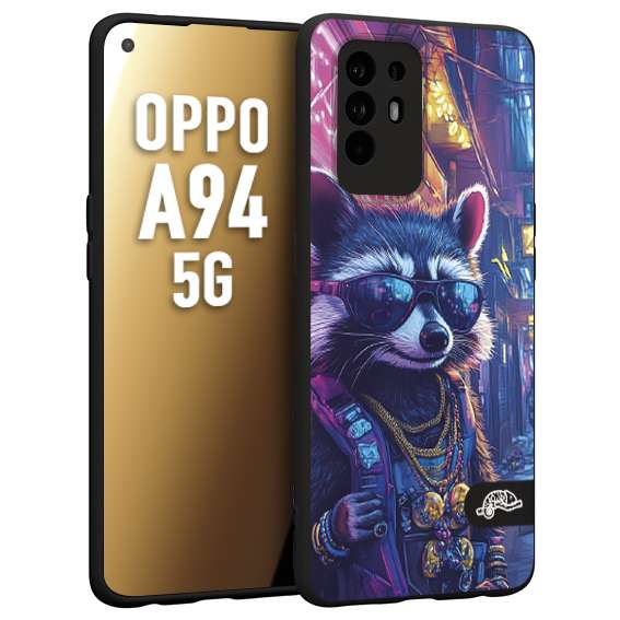 CUSTOMIZZA - Custodia cover nera morbida in tpu compatibile per Oppo A94 5G animali simpatici cyberpunk procione racoon street cat fucsia blu giallo