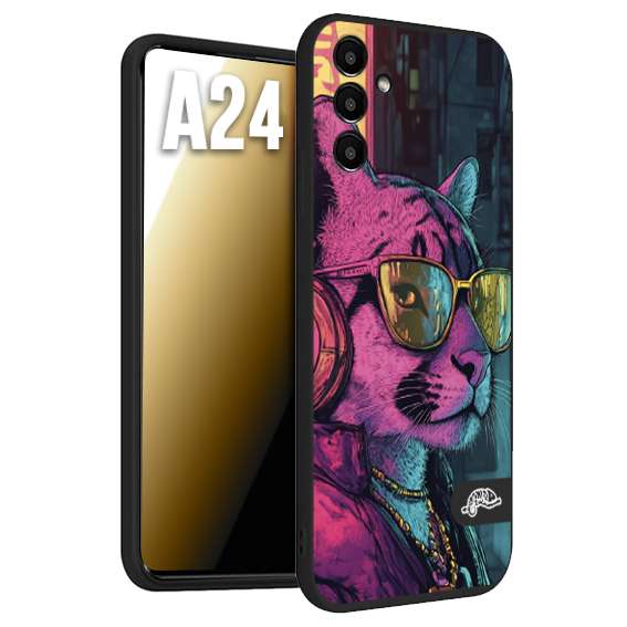 CUSTOMIZZA - Custodia cover nera morbida in tpu compatibile per Samsung A24 animali cyberpunk pantera street cat fucsia blu giallo