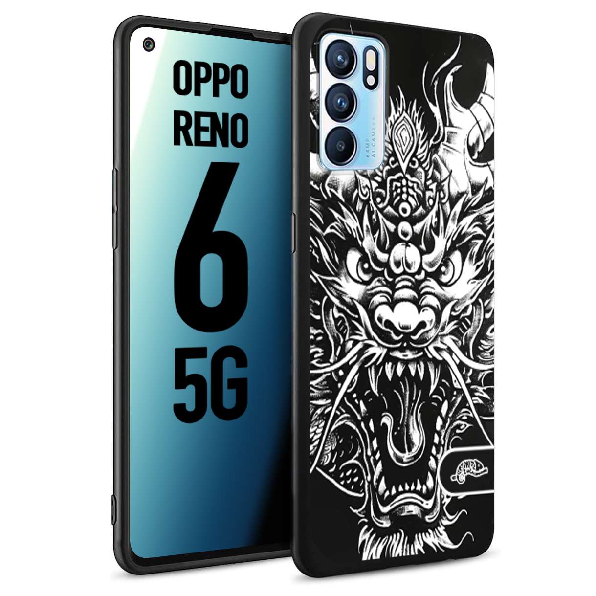 CUSTOMIZZA - Custodia cover nera morbida in tpu compatibile per Oppo Reno 6 5G drago black and white bianco a rilievo disegnato tattoo tatuaggio