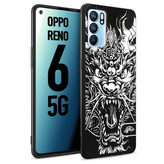 CUSTOMIZZA - Custodia cover nera morbida in tpu compatibile per Oppo Reno 6 5G drago black and white bianco a rilievo disegnato tattoo tatuaggio