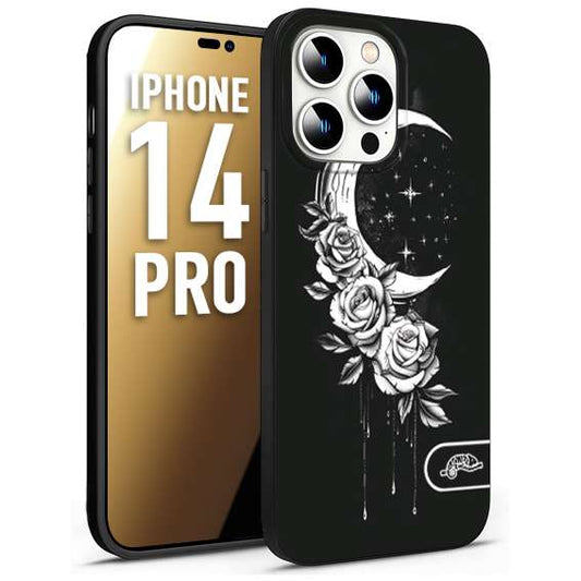 CUSTOMIZZA - Custodia cover nera morbida in tpu compatibile per iPhone 14 PRO luna e fiori moon flowers black and white bianco a rilievo disegnato tattoo tatuaggio