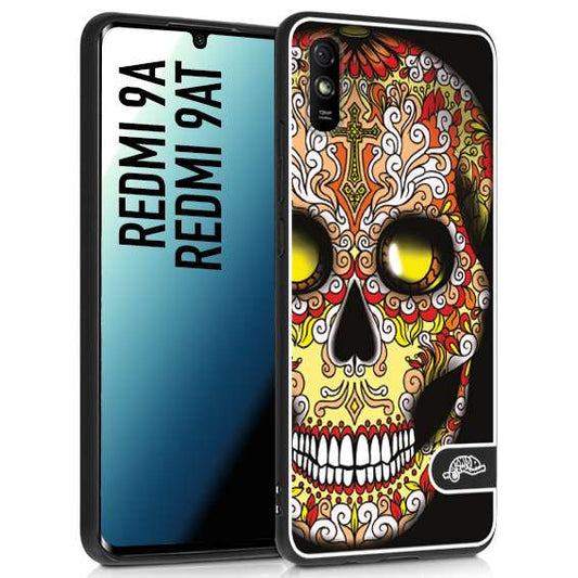 CUSTOMIZZA - Custodia cover nera morbida in tpu compatibile per Xiaomi Redmi 9A - 9AT teschio messicano Mexican skull giallo rosso arancio