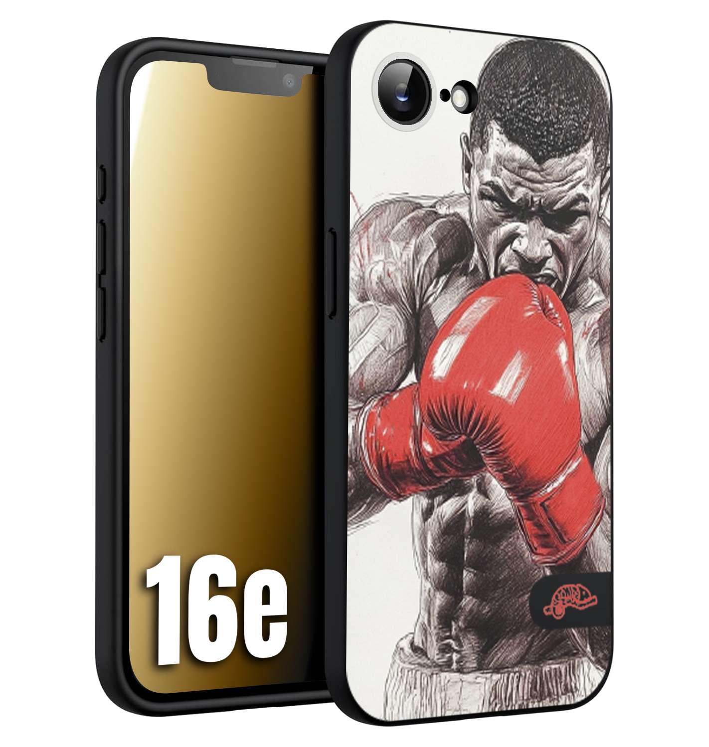 CUSTOMIZZA - Custodia cover nera morbida in tpu compatibile per iPhone 16E pugilato pugili disegno tattoo guantoni box pesi massimi gancio