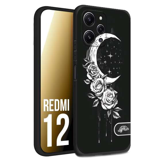 CUSTOMIZZA - Custodia cover nera morbida in tpu compatibile per Xiaomi Redmi 12 luna e fiori moon flowers black and white bianco a rilievo disegnato tattoo tatuaggio