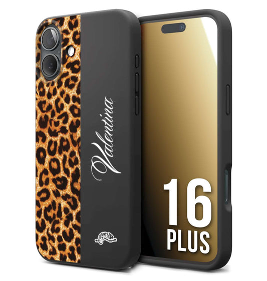 CUSTOMIZZA - Custodia cover nera morbida in tpu compatibile per iPhone 16 PLUS custom nome scritta leopardato maculato donna marrone leopard