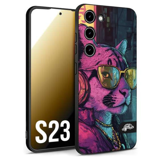 CUSTOMIZZA - Custodia cover nera morbida in tpu compatibile per Samsung S23 animali cyberpunk pantera street cat fucsia blu giallo
