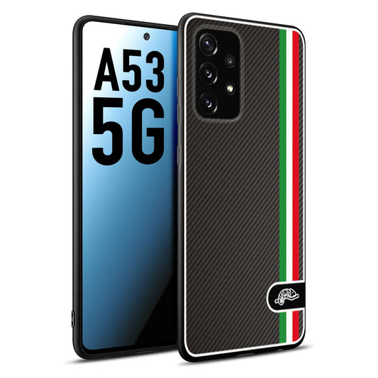 CUSTOMIZZA - Custodia cover nera morbida in tpu compatibile per Samsung A53 5G effetto fibra di carbonio bandiera Italia made in Italy