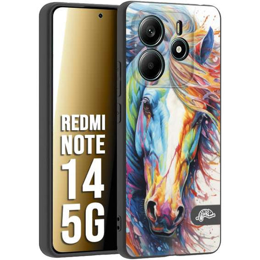 CUSTOMIZZA - Custodia cover nera morbida in tpu compatibile per Xiaomi Redmi Note 14 5G animali color cavallo horse viso colori vibranti disegnato schizzo