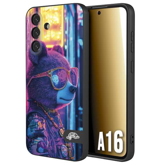 CUSTOMIZZA - Custodia cover nera morbida in tpu compatibile per Samsung A16 animali cyberpunk orsetto orso street bear fucsia blu night
