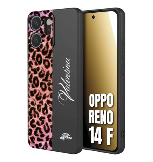 CUSTOMIZZA - Custodia cover nera morbida in tpu compatibile per Oppo Reno 14 F leopardato rosa fucsia personalizzata nome iniziali