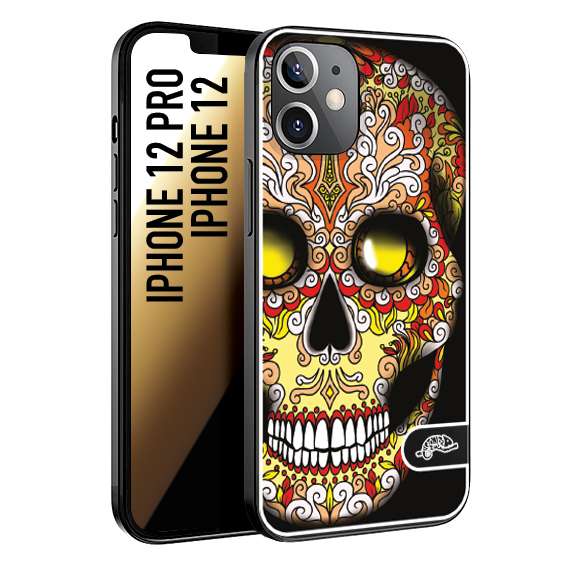 CUSTOMIZZA - Custodia cover nera morbida in tpu compatibile per iPhone 12 - 12 PRO teschio messicano Mexican skull giallo rosso arancio