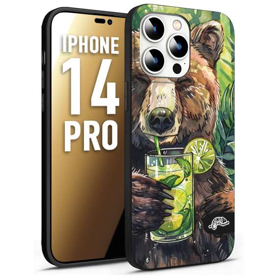 CUSTOMIZZA - Custodia cover nera morbida in tpu compatibile per iPhone 14 PRO estate disegnata cocktails animali simpatici orso bear negroni