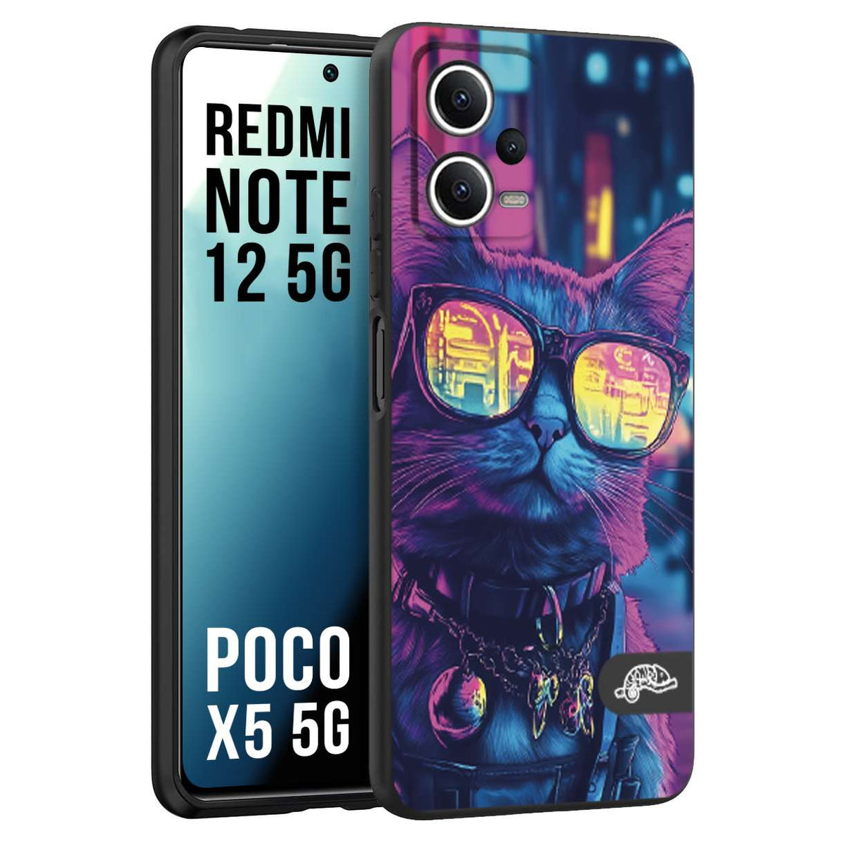 CUSTOMIZZA - Custodia cover nera morbida in tpu compatibile per Xiaomi Redmi Note 12 5G - POCO X5 5G animali cyberpunk gatto street cat fucsia blu giallo