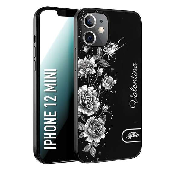 CUSTOMIZZA - Custodia cover nera morbida in tpu compatibile per iPhone 12 MINI a rilievo soft touch personalizzata nome rose fiori donna