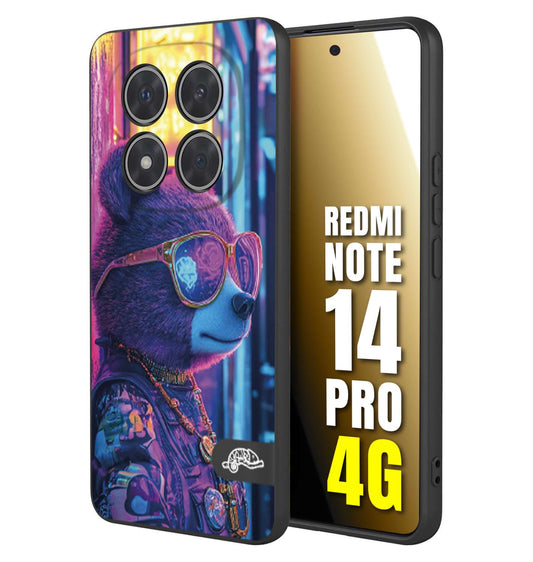 CUSTOMIZZA - Custodia cover nera morbida in tpu compatibile per Xiaomi Redmi Note 14 PRO 4G animali cyberpunk orsetto orso street bear fucsia blu night