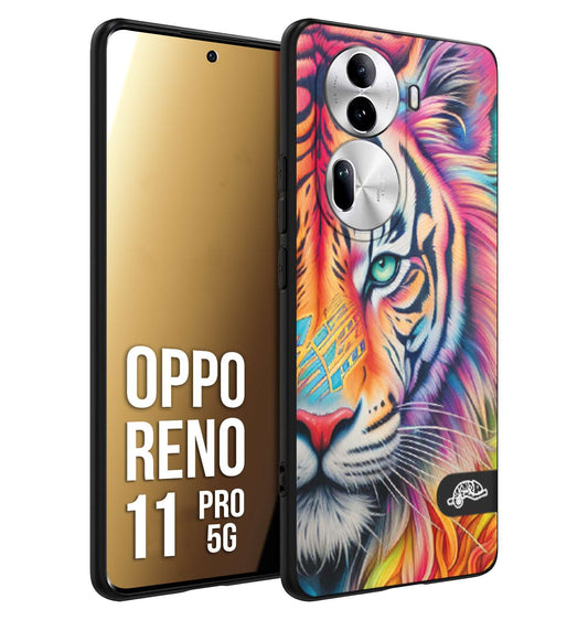 CUSTOMIZZA - Custodia cover nera morbida in tpu compatibile per Oppo Reno 11 PRO 5G animali color tigre tiger viso colori vibranti disegnato schizzo