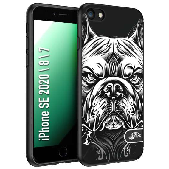 CUSTOMIZZA - Custodia cover nera morbida in tpu compatibile per iPhone 7 - 8 - SE 2020 / 2022 bulldog bianco a rilievo disegnato tattoo tatuaggio