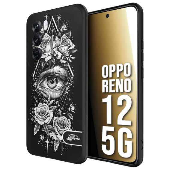CUSTOMIZZA - Custodia cover nera morbida in tpu compatibile per Oppo Reno 12 5G occhio fiori rombo geometrico black and white bianco a rilievo disegnato tattoo tatuaggio