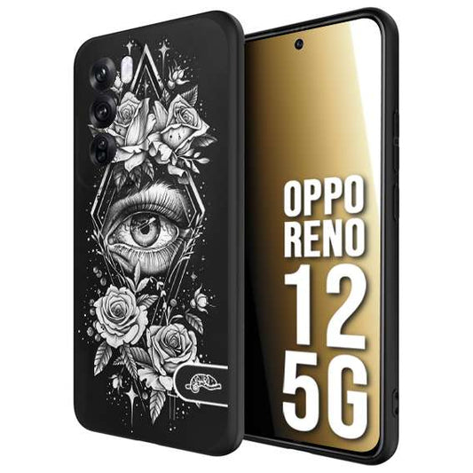 CUSTOMIZZA - Custodia cover nera morbida in tpu compatibile per Oppo Reno 12 5G occhio fiori rombo geometrico black and white bianco a rilievo disegnato tattoo tatuaggio