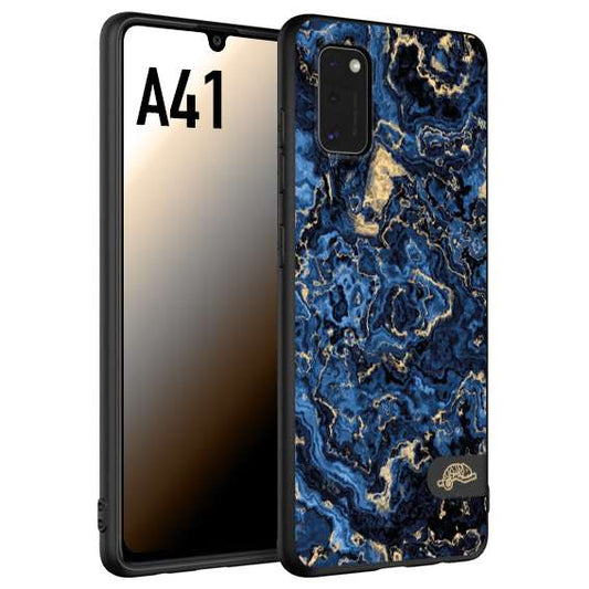 CUSTOMIZZA - Custodia cover nera morbida in tpu compatibile per Samsung A41 effetto marmo marble blu venature dorato psichedelico