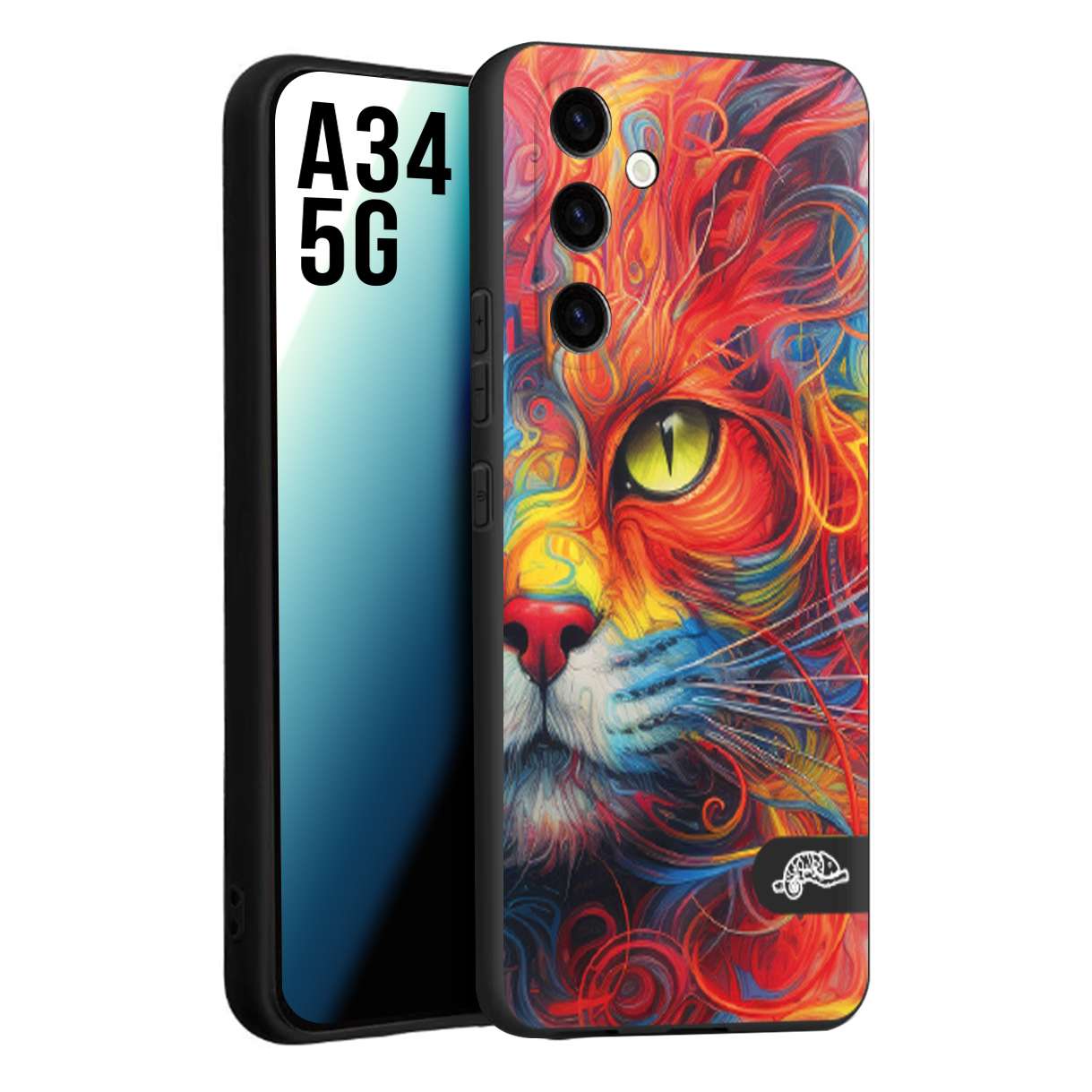 CUSTOMIZZA - Custodia cover nera morbida in tpu compatibile per Samsung A34 5G animali color cat gatto viso colori vibranti disegnato schizzo