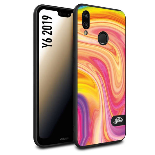 CUSTOMIZZA - Custodia cover nera morbida in tpu compatibile per Huawei Y6 2019 colorata fantasia vortice marmo onde rosa fucsia gialla