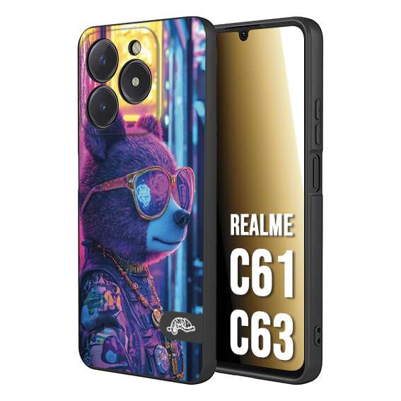 CUSTOMIZZA - Custodia cover nera morbida in tpu compatibile per Realme C61 - C63 animali cyberpunk orsetto orso street bear fucsia blu night