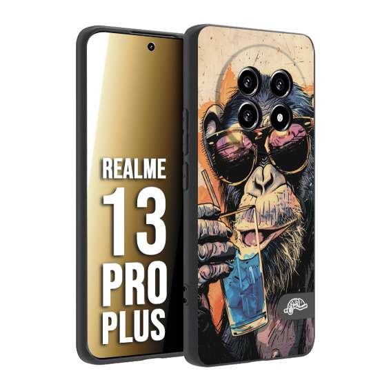CUSTOMIZZA - Custodia cover nera morbida in tpu compatibile per Realme 13 PRO PLUS estate disegnata cocktails animali simpatici scimmia monkey negroni