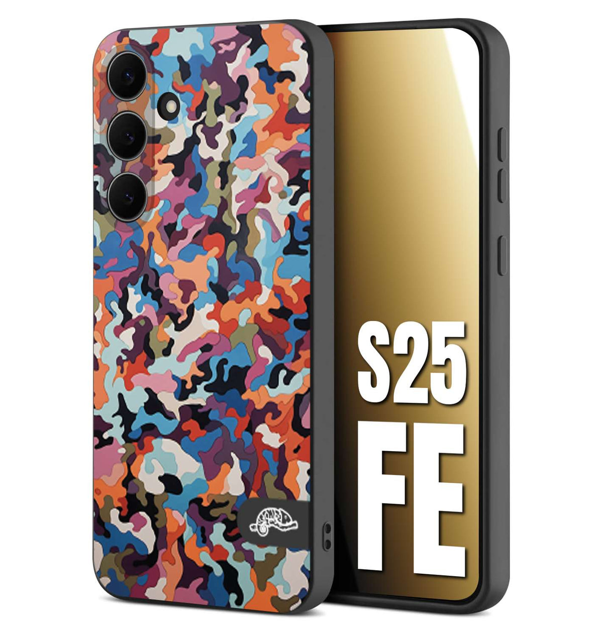 CUSTOMIZZA - Custodia cover nera morbida in tpu compatibile per Samsung S25 FE camouflage mimetico militare moderno blu arancio rosa