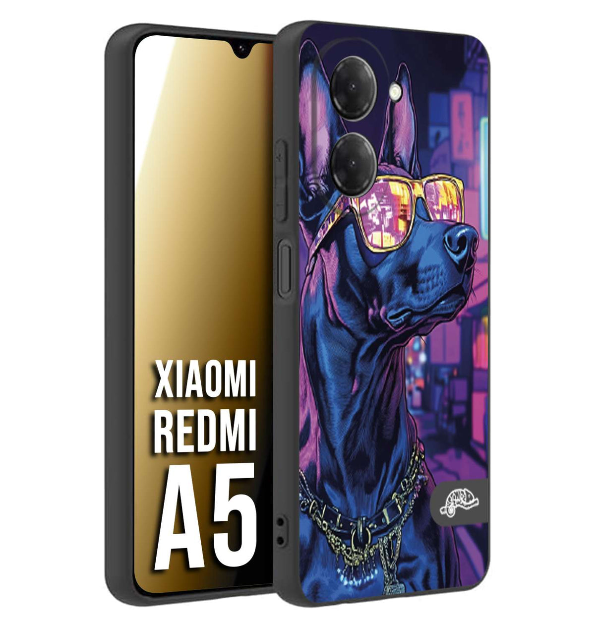 CUSTOMIZZA - Custodia cover nera morbida in tpu compatibile per Xiaomi Redmi A5 animali cyberpunk dobermann cane street dog fucsia blu night