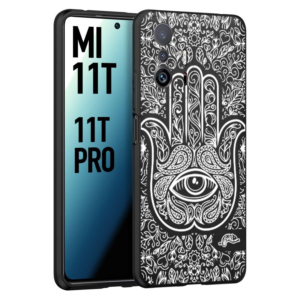 CUSTOMIZZA - Custodia cover nera morbida in tpu compatibile per Xiaomi Mi 11T - Mi 11T PRO mano di fatima effetto rilievo mandala donna