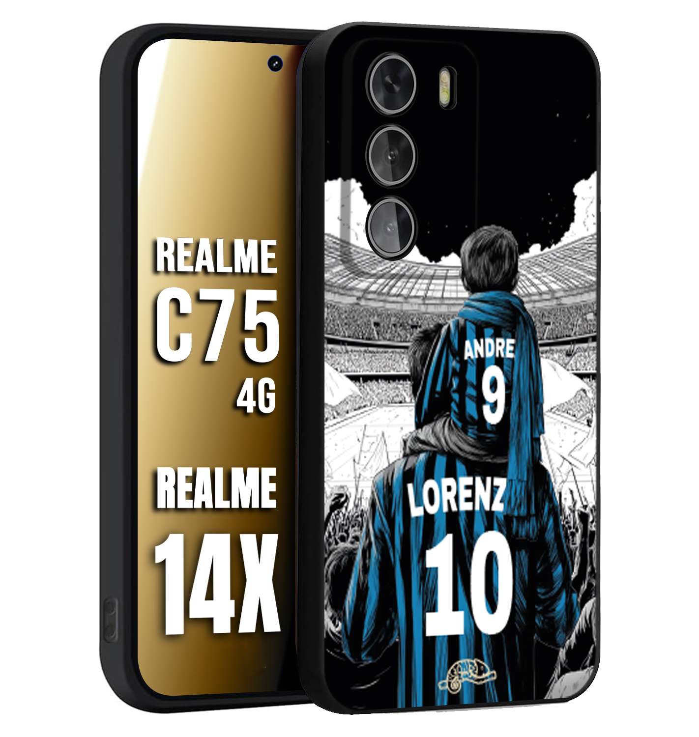 CUSTOMIZZA - Custodia cover nera morbida in tpu compatibile per Realme 14X - C75 4G personalizzata calcio football padre e figlio calciatori nerazzurra