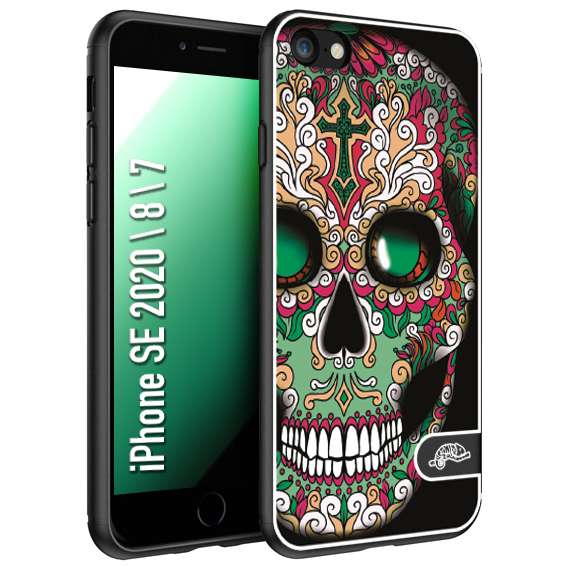 CUSTOMIZZA - Custodia cover nera morbida in tpu compatibile per iPhone 7 - 8 - SE 2020 / 2022 teschio messicano Mexican skull verde fucsia