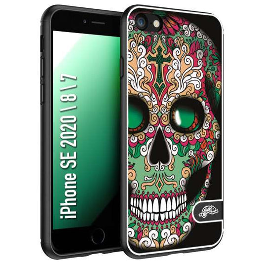 CUSTOMIZZA - Custodia cover nera morbida in tpu compatibile per iPhone 7 - 8 - SE 2020 / 2022 teschio messicano Mexican skull verde fucsia