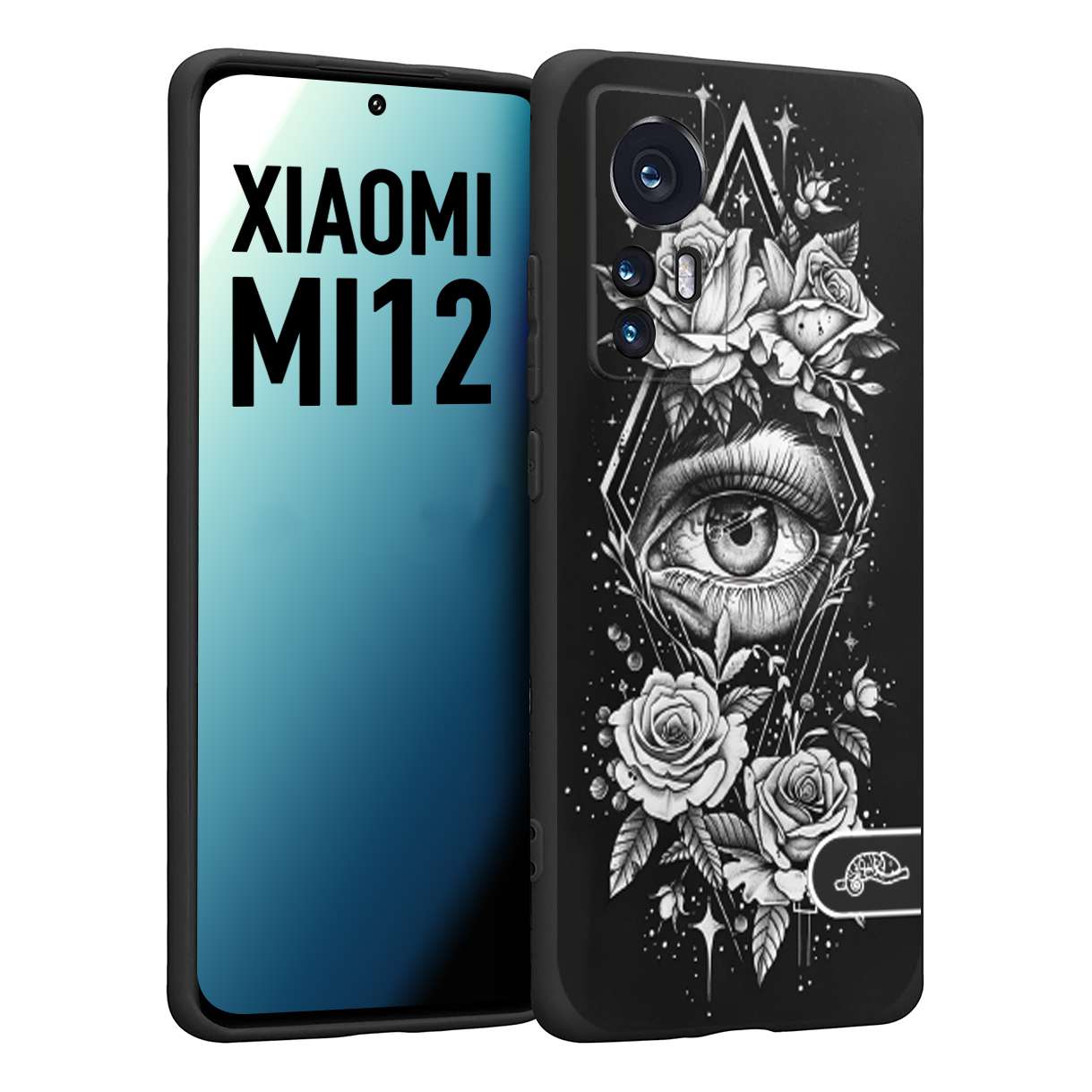 CUSTOMIZZA - Custodia cover nera morbida in tpu compatibile per Xiaomi 12 5G occhio fiori rombo geometrico black and white bianco a rilievo disegnato tattoo tatuaggio